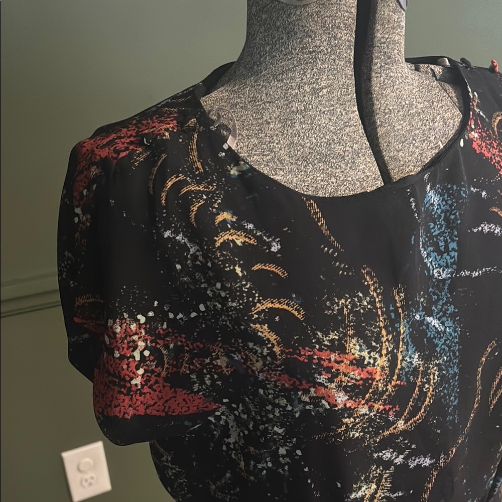 Multicolor A Line Dress with open back and button detail on shoulder NWT
